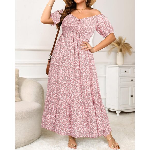 Plus Size Boho Sun Dress Maxi Off Shoulder Puff Sleeve A Line Casual - Picture 2 of 5
